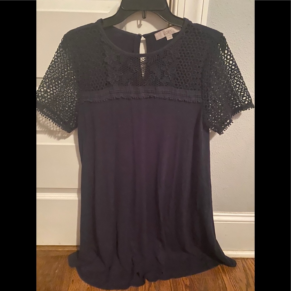 LOFT Dark Navy Blue Dress with Mesh Knit sleeve
